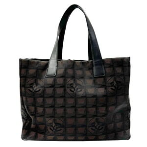 CHANEL Travel Line Tote Canvas Leather Brown Bag